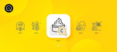 Téléchargez les illustrations : Social distance, Face cream and Difficult stress minimal line icons. Yellow abstract background. Collagen skin, Thermometer icons. For web, application, printing. Vector - en licence libre de droit