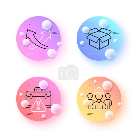 Illustration for Intersection arrows, Open box and Warning briefcase minimal line icons. 3d spheres or balls buttons. Engineering team icons. For web, application, printing. Vector - Royalty Free Image