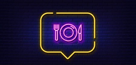 Téléchargez les illustrations : Neon light speech bubble. Food line icon. Restaurant sign. Fork, knife and plate symbol. Neon light background. Food glow line. Brick wall banner. Vector - en licence libre de droit