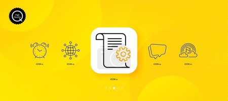 Illustration for International globe, Technical documentation and Lgbt minimal line icons. Yellow abstract background. Speech bubble, Alarm clock icons. For web, application, printing. Vector - Royalty Free Image
