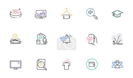 Téléchargez les illustrations : Dry t-shirt, Notification cart and Clean towel line icons for website, printing. Collection of Candlestick chart, 360 degrees, Fireworks icons. Wallet, Monitor, Accounting web elements. Vector - en licence libre de droit