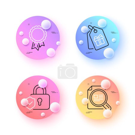 Téléchargez les illustrations : Success, Check article and Security lock minimal line icons. 3d spheres or balls buttons. Coupons icons. For web, application, printing. Award reward, Magnifying glass, Shield protection. Vector - en licence libre de droit