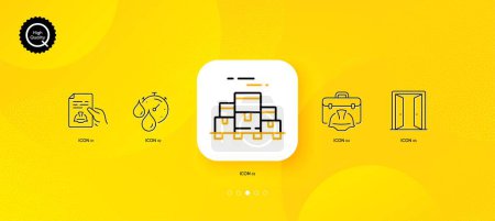 Téléchargez les illustrations : Construction toolbox, Boxes pallet and Technical documentation minimal line icons. Yellow abstract background. Open door, Timer icons. For web, application, printing. Vector - en licence libre de droit