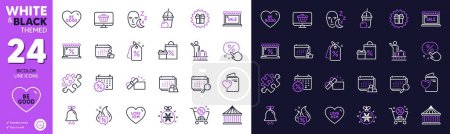 Téléchargez les illustrations : Be good, Shopping cart and Christmas ball line icons for website, printing. Collection of Opened gift, Carousels, Surprise gift icons. Delivery, Luggage belt, Love document web elements. Vector - en licence libre de droit