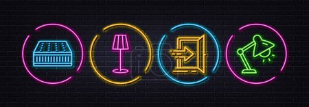 Illustration for Floor lamp, Mattress and Entrance minimal line icons. Neon laser 3d lights. Table lamp icons. For web, application, printing. Sleeping pad, Open door. Neon lights buttons. Floor lamp glow line. Vector - Royalty Free Image