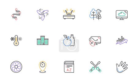 Illustration for Timeline path, Fan engine and Profits chart line icons. Jet turbine, Wind energy and Cloud services. Linear icon set. Bicolor outline web elements. Vector - Royalty Free Image