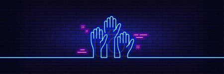 Illustration for Neon light glow effect. Voting hands line icon. People vote by hand sign. Public election symbol. 3d line neon glow icon. Brick wall banner. Voting hands outline. Vector - Royalty Free Image