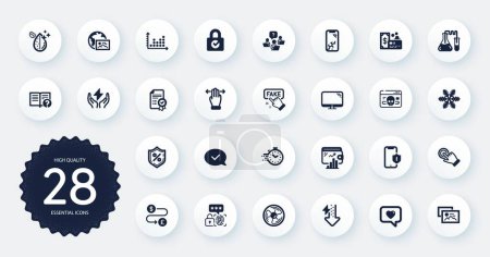 Illustration for Set of Technology icons, such as Cyber attack, Teamwork question and Energy drops flat icons. Dirty water, Money transfer, Photo album web elements. Computer, Smartphone protection. Vector - Royalty Free Image