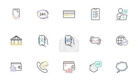Illustration for World statistics, Credit card and Smartphone recovery line icons for website, printing. Collection of Wallet, Share call, Refresh mail icons. Augmented reality, Checklist. Vector - Royalty Free Image