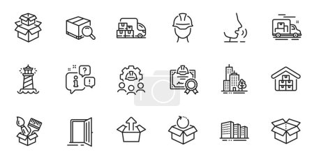 Ilustración de Outline set of Search package, Wholesale goods and Return package line icons for web application. Talk, information, delivery truck outline icon. Vector - Imagen libre de derechos