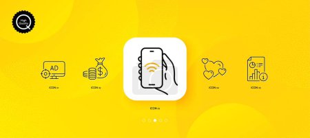 Téléchargez les illustrations : Seo adblock, Internet app and Coins bag minimal line icons. Yellow abstract background. Report, Heart icons. For web, application, printing. Search engine, Smartphone wifi, Investment. Vector - en licence libre de droit