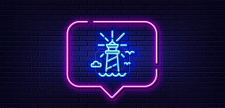 Illustration for Neon light speech bubble. Lighthouse line icon. Beacon tower sign. Searchlight building symbol. Neon light background. Lighthouse glow line. Brick wall banner. Vector - Royalty Free Image