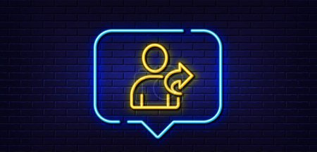 Illustration for Neon light speech bubble. Refer a friend line icon. Share sign. Neon light background. Refer friend glow line. Brick wall banner. Vector - Royalty Free Image