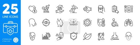 Téléchargez les illustrations : Outline icons set. Stay home, Fever and Volunteer icons. Sick man, Difficult stress, Coronavirus web elements. Donation, Eye target, Covid test signs. Checklist, Disability, Nasal test. Vector - en licence libre de droit