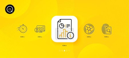 Ilustración de Timer, Report and Inspect minimal line icons. Yellow abstract background. Bitcoin chart, Air fan icons. For web, application, printing. Deadline management, Research file, Search document. Vector - Imagen libre de derechos