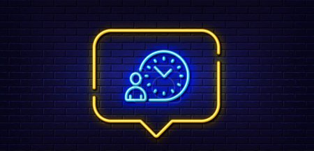 Illustration for Neon light speech bubble. Time management line icon. Clock sign. Neon light background. Time management glow line. Brick wall banner. Vector - Royalty Free Image