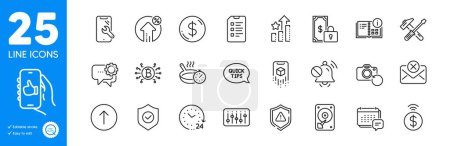 Illustration for Outline icons set. Dollar money, 24 hours and Smartphone repair icons. Shield, Employees messenger, Recovery photo web elements. Instruction info, Message, Mute sound signs. Vector - Royalty Free Image