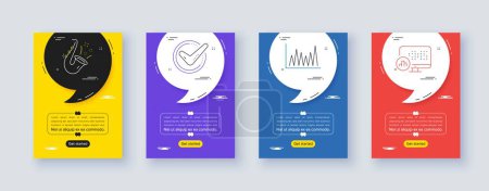 Téléchargez les illustrations : Set of Line graph, Confirmed and Jazz line icons. Poster offer frame with quote, comma. Include Report statistics icons. For web, application. Market diagram, Accepted message, Saxophone. Vector - en licence libre de droit