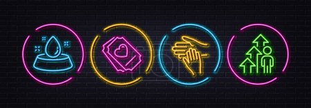 Illustration for Volunteer, Love ticket and Water bowl minimal line icons. Neon laser 3d lights. Employee result icons. For web, application, printing. Social care, Heart, Pets feeding. Business growth. Vector - Royalty Free Image