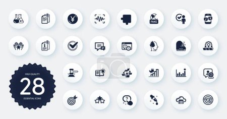 Illustration for Set of Education icons, such as Cloud server, Comment and Target flat icons. Verification person, Question button, Product knowledge web elements. Yen money, Judge hammer, Efficacy signs. Vector - Royalty Free Image