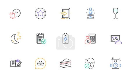 Téléchargez les illustrations : Battery charging, Speakers and Loyalty star line icons for website, printing. Collection of Alarm clock, Finance calculator, Approved report icons. Entrance, Photo cloud, Success web elements. Vector - en licence libre de droit