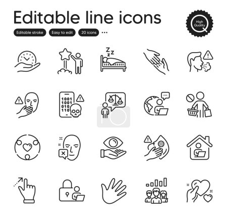 Téléchargez les illustrations : Set of People outline icons. Contains icons as Star, Lawyer and Outsource work elements. Cough, Safe time, Teamwork results web signs. Cyber attack, Work home, Hold heart elements. Vector - en licence libre de droit