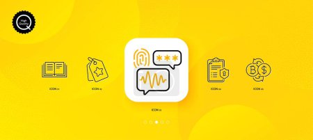 Ilustración de Biometric security, Education and Privacy policy minimal line icons. Yellow abstract background. Bitcoin exchange, Loyalty tags icons. For web, application, printing. Vector - Imagen libre de derechos