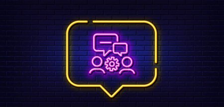 Illustration for Neon light speech bubble. Engineering team line icon. Engineer or architect group sign. Working process symbol. Neon light background. Engineering team glow line. Brick wall banner. Vector - Royalty Free Image
