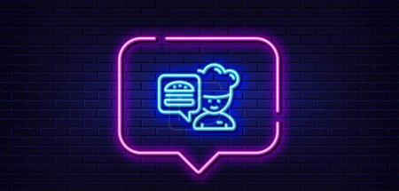 Illustration for Neon light speech bubble. Chef line icon. Chief-cooker with burger sign. Fast food symbol. Neon light background. Chef glow line. Brick wall banner. Vector - Royalty Free Image