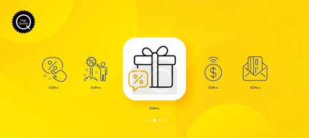 Ilustración de Contactless payment, Discount and Sale gift minimal line icons. Yellow abstract background. Discount button, Credit card icons. For web, application, printing. Vector - Imagen libre de derechos