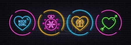 Ilustración de Romantic gift, Nice girl and Christmas ball minimal line icons. Neon laser 3d lights. Love icons. For web, application, printing. Surprise with love, Snowflake, Valentines day. Vector - Imagen libre de derechos