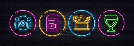 Illustration for Creativity concept, Video file and Engineering team minimal line icons. Neon laser 3d lights. Wine glass icons. For web, application, printing. Graphic art, Vlog page, Engineer person. Vector - Royalty Free Image
