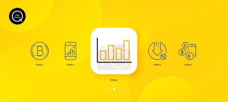 Téléchargez les illustrations : Report diagram, Loan percent and Graph phone minimal line icons. Yellow abstract background. Currency rate, Bitcoin icons. For web, application, printing. Vector - en licence libre de droit