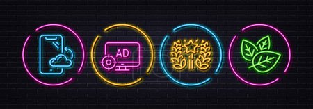 Illustration for Ranking, Seo adblock and Smartphone cloud minimal line icons. Neon laser 3d lights. Organic tested icons. For web, application, printing. Laurel wreath, Search engine, Phone backup. Vector - Royalty Free Image