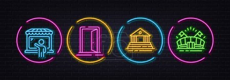 Illustration for Market seller, Open door and Court building minimal line icons. Neon laser 3d lights. Sports arena icons. For web, application, printing. Store buyer, Entrance, Government house. Event stadium. Vector - Royalty Free Image