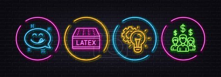 Illustration for Idea gear, Latex mattress and Yummy smile minimal line icons. Neon laser 3d lights. Salary employees icons. For web, application, printing. Technology process, Sleeping pad, Emoticon. Vector - Royalty Free Image
