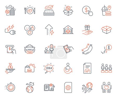 Téléchargez les illustrations : Business icons set. Included icon as Sausage, Opened box and Food delivery web elements. Atm service, Loan, Approved document icons. Friends couple, Engineering documentation. Vector - en licence libre de droit