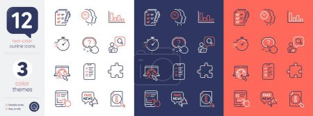 Illustration for Set of Question button, Time management and Inspect line icons. Include Timer, Internet, Fake news icons. Survey checklist, Histogram, Interview web elements. Puzzle, Internet report, Search. Vector - Royalty Free Image