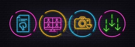 Téléchargez les illustrations : Photo camera, Thumb down and Video conference minimal line icons. Neon laser 3d lights. Scroll down icons. For web, application, printing. Love photos, Decline file, Team training. Vector - en licence libre de droit
