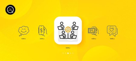 Illustration for Image album, Friends chat and Smile minimal line icons. Yellow abstract background. Teamwork, Money app icons. For web, application, printing. Photo app, Friendship, Comic chat. Remote work. Vector - Royalty Free Image