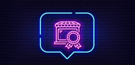 Illustration for Neon light speech bubble. Best market line icon. Certified store sign. Retail marketplace award symbol. Neon light background. Best market glow line. Brick wall banner. Vector - Royalty Free Image