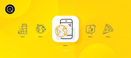Illustration for Like, Medical drugs and Mobile internet minimal line icons. Yellow abstract background. Pizza, Outsourcing icons. For web, application, printing. Thumbs up, Medicine bottle, Online marketing. Vector - Royalty Free Image