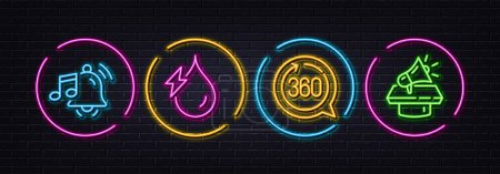 Illustration for Hydroelectricity, 360 degrees and Alarm sound minimal line icons. Neon laser 3d lights. Megaphone icons. For web, application, printing. Hydroelectric energy, Full rotation, Music bell. Vector - Royalty Free Image