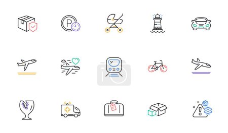 Téléchargez les illustrations : Parcel insurance, Car and Hand baggage line icons for website, printing. Collection of Lighthouse, Packing boxes, Bicycle icons. Honeymoon travel, Metro, Warning web elements. Vector - en licence libre de droit