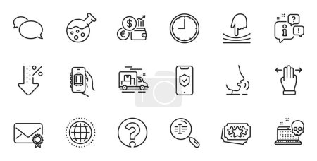 Illustration for Outline set of Question mark, Baggage app and Globe line icons for web application. Talk, information, delivery truck outline icon. Include Time, Loyalty points, Chemistry lab icons. Vector - Royalty Free Image
