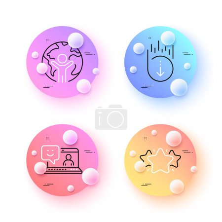 Téléchargez les illustrations : Star, Scroll down and Smile minimal line icons. 3d spheres or balls buttons. Global business icons. For web, application, printing. Favorite, Swipe screen, Laptop feedback. Outsourcing. Vector - en licence libre de droit