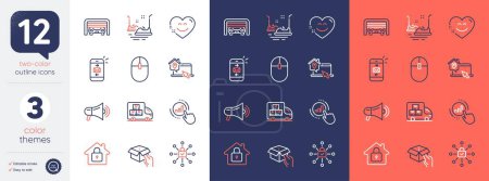 Illustration for Set of Computer mouse, Graph chart and Mail line icons. Include Security lock, Work home, Smile chat icons. Lock, Parking garage, Megaphone web elements. Bumper cars, Delivery truck, Hold box. Vector - Royalty Free Image