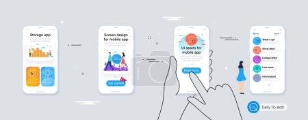 Ilustración de Delivery truck, Artificial intelligence and Mobile like line icons for website, printing. Phone ui interface. Collection of Ship travel, Recovery trash, Augmented reality icons. Vector - Imagen libre de derechos
