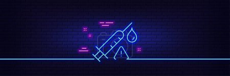 Illustration for Neon light glow effect. Vaccine attention line icon. Vaccination syringe warning sign. Jab symbol. 3d line neon glow icon. Brick wall banner. Vaccine attention outline. Vector - Royalty Free Image