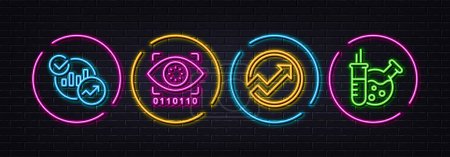 Illustration for Artificial intelligence, Audit and Statistics minimal line icons. Neon laser 3d lights. Chemistry lab icons. For web, application, printing. Retinal access, Arrow graph, Report charts. Vector - Royalty Free Image